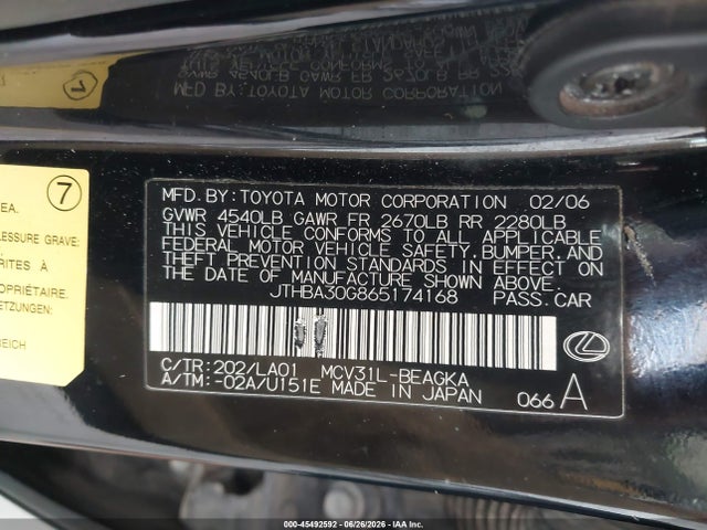 Aukcja sprzedaży 2006 Lexus Es 330, vin: JTHBA30G865174168, numer aukcji: 45492592