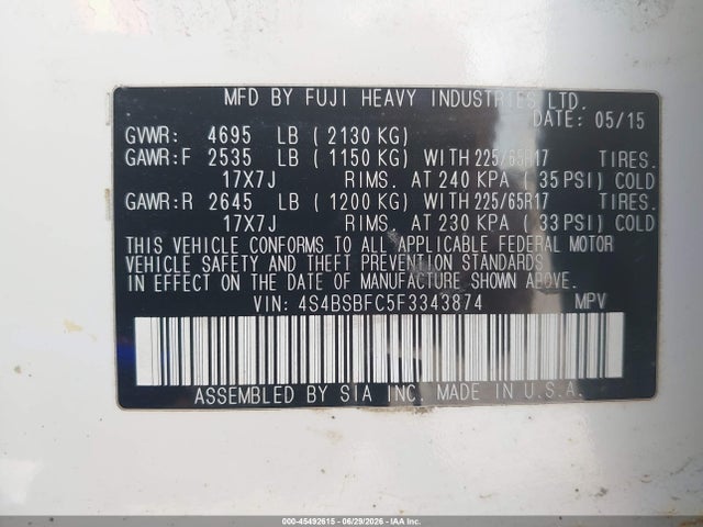 Продаж на аукціоні авто 2015 Subaru Outback 2.5i Premium, vin: 4S4BSBFC5F3343874, номер лоту: 45492615