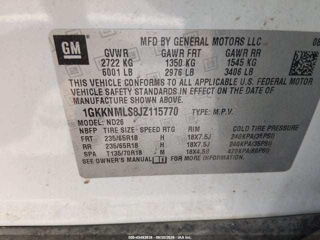 Aukcja sprzedaży 2018 Gmc Acadia Slt-1, vin: 1GKKNMLS8JZ115770, numer aukcji: 45492636