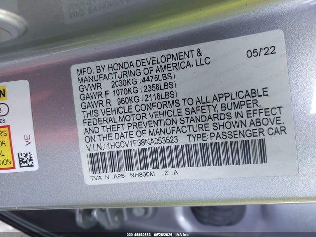 1HGCV1F38NA053523 Honda Accord Sport