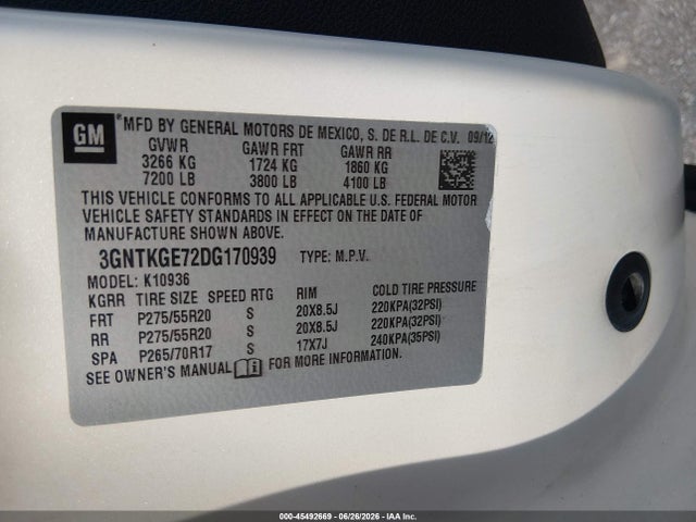 45492669 :رقم المزاد ، 3GNTKGE72DG170939 vin ، 2013 Chevrolet Avalanche Ltz مزاد بيع