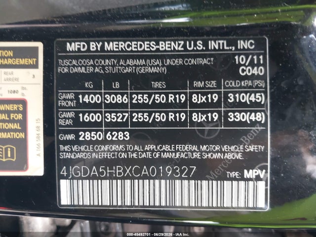 45492701 :رقم المزاد ، 4JGDA5HBXCA019327 vin ، 2012 Mercedes-benz Ml 350 4matic مزاد بيع