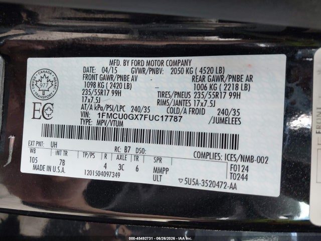 Ford ESCAPE SE 2015 1FMCU0GX7FUC17787 Image 9