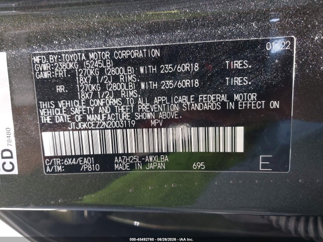 Auction sale of the 2022 Lexus Nx 350h Premium, vin: JTJGKCEZ2N2003119, lot number: 45492760