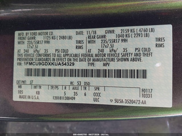 45492785 :رقم المزاد ، 1FMCU9GDXKUA54329 vin ، 2019 Ford Escape Se مزاد بيع