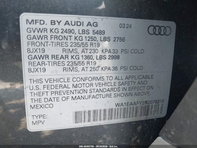 45492795 :رقم المزاد ، WA1EAAFY2R2076319 vin ، 2024 Audi Q5 Premium Plus 45 Tfsi S Line Quattro مزاد بيع