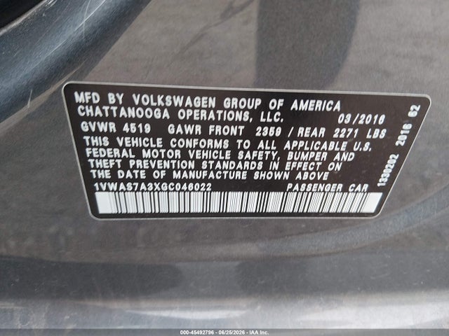 Продажа на аукционе авто 2016 Volkswagen Passat 1.8t S, vin: 1VWAS7A3XGC046022, номер лота: 45492796