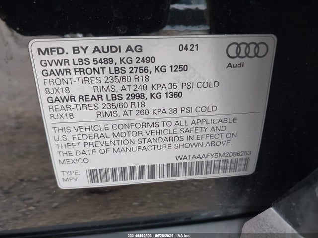 45492803 :رقم المزاد ، WA1AAAFY5M2086253 vin ، 2021 Audi Q5 Premium 45 Tfsi Quattro S Tronic مزاد بيع