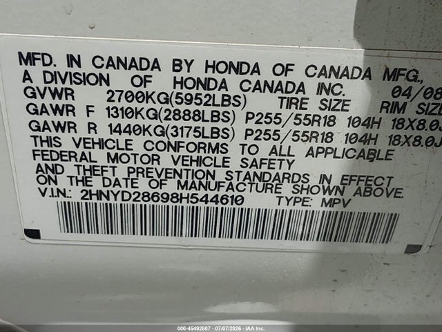 2008 Acura Mdx Technology Package მანქანა იყიდება აუქციონზე, vin: 2HNYD28698H544610, აუქციონის ნომერი: 45492807