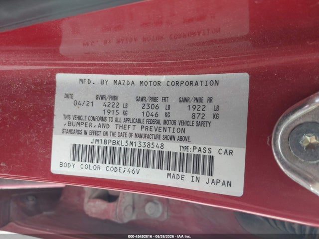 Aukcja sprzedaży 2021 Mazda Mazda3 Select, vin: JM1BPBKL5M1338548, numer aukcji: 45492816