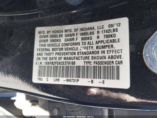 Aukcja sprzedaży 2012 Honda Civic Lx, vin: 19XFB2F5XCE379166, numer aukcji: 45492845