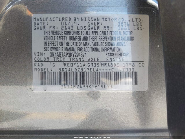 Nissan SENTRA SV 2019 3N1AB7AP3KY294671 Image 9