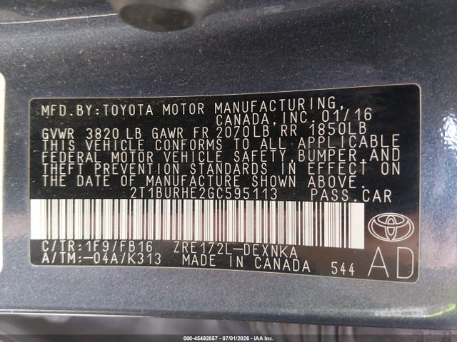 Toyota COROLLA LE 2016 2T1BURHE2GC595113 Image 9