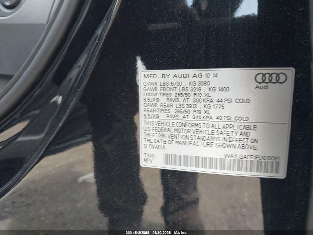 45492898 :رقم المزاد ، WA1LGAFE1FD010081 vin ، 2015 Audi Q7 3.0t Premium مزاد بيع