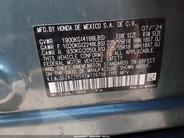 Продаж на аукціоні авто 2025 Honda Hr-v Awd Sport, vin: 3CZRZ2H54SM726706, номер лоту: 45492917