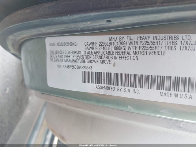 Aukcja sprzedaży 2006 Subaru Outback 3.0r L.l. Bean Edition, vin: 4S4BP86C364323573, numer aukcji: 45492955
