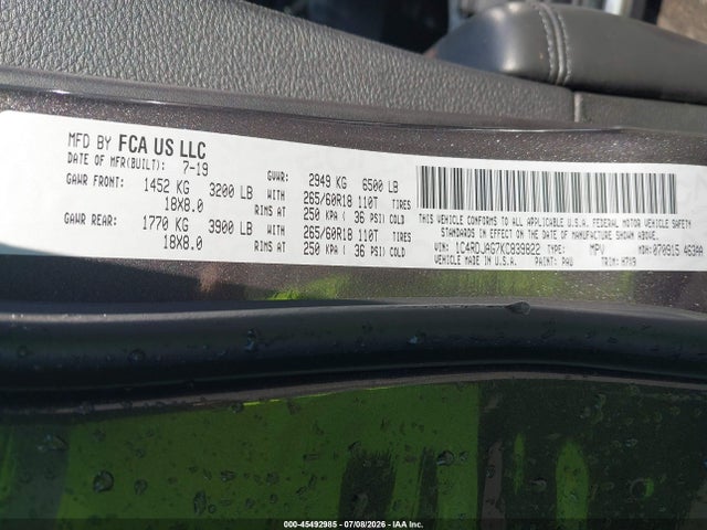 Auction sale of the 2019 Dodge Durango Sxt Awd, vin: 1C4RDJAG7KC839822, lot number: 45492985