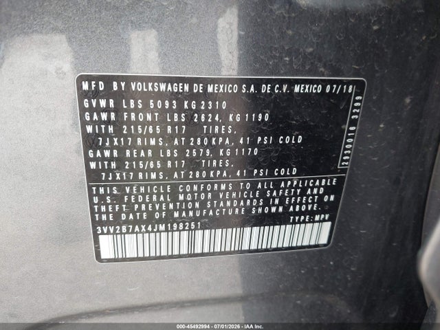 3VV2B7AX4JM198251 Volkswagen Tiguan 2.0t Se/2.0t Sel