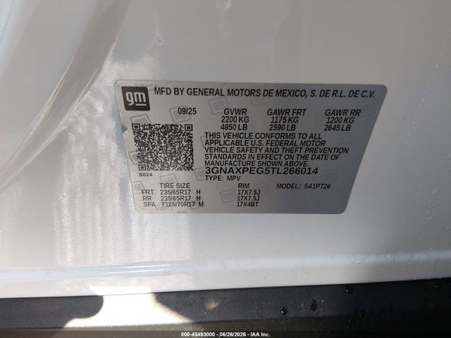 Продаж на аукціоні авто 2026 Chevrolet Equinox Awd Lt, vin: 3GNAXPEG5TL266014, номер лоту: 45493000