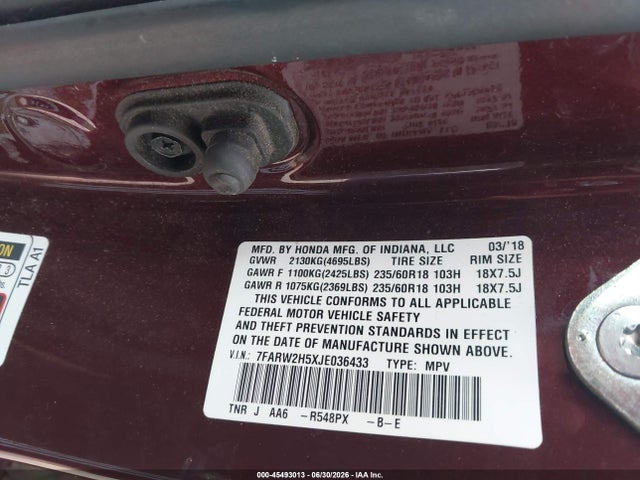 Auction sale of the 2018 Honda Cr-v Ex, vin: 7FARW2H5XJE036433, lot number: 45493013
