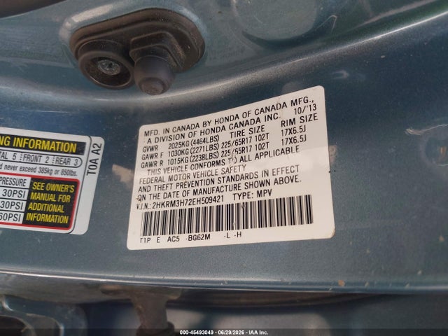 Auction sale of the 2014 Honda Cr-v Ex-l, vin: 2HKRM3H72EH509421, lot number: 45493049