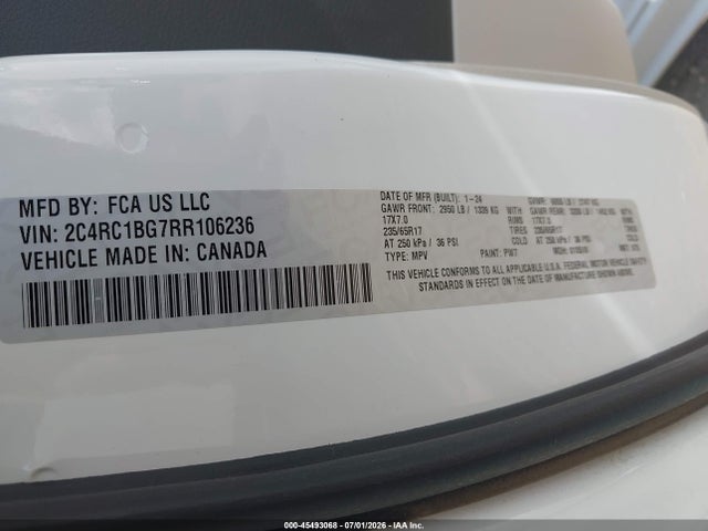 2024 Chrysler Pacifica Touring L მანქანა იყიდება აუქციონზე, vin: 2C4RC1BG7RR106236, აუქციონის ნომერი: 45493068