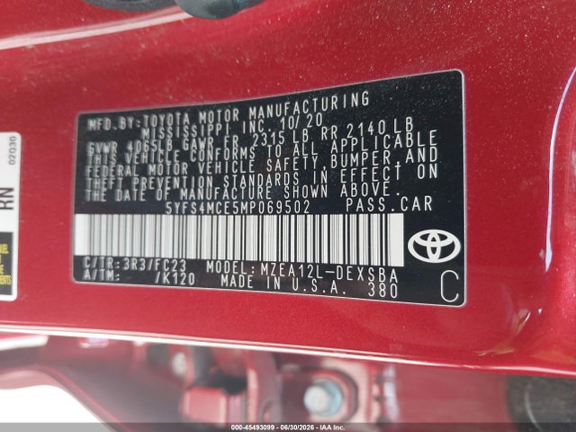 Aukcja sprzedaży 2021 Toyota Corolla Se, vin: 5YFS4MCE5MP069502, numer aukcji: 45493099
