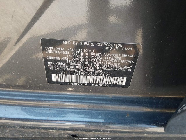 2020 Subaru Crosstrek Premium მანქანა იყიდება აუქციონზე, vin: JF2GTAPC8L8258625, აუქციონის ნომერი: 45493104