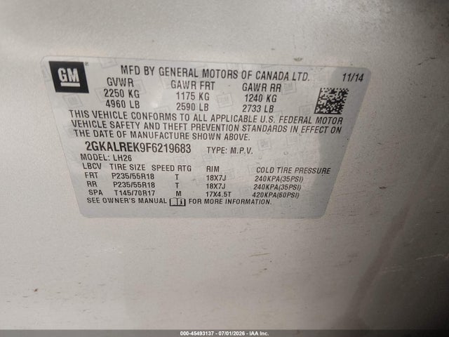 Aukcja sprzedaży 2015 Gmc Terrain Sle-2, vin: 2GKALREK9F6219683, numer aukcji: 45493137