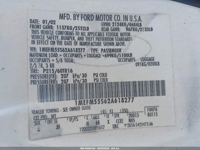 45493164 :رقم المزاد ، 1MEFM55S62A618277 vin ، 2002 Mercury Sable Ls Premium مزاد بيع