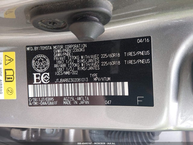 45493167 :رقم المزاد ، JTJBARBZ3G2081013 vin ، 2016 Lexus Nx 200t مزاد بيع