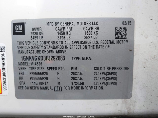 Chevrolet Traverse 1lt 2015 1GNKVGKD0FJ292083 Image 9