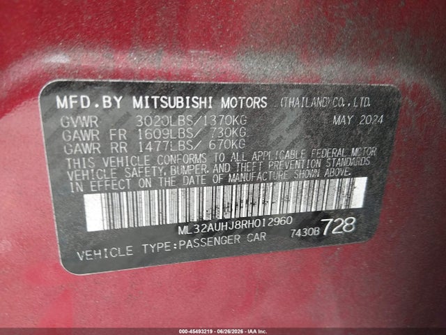 Продажа на аукционе авто 2024 Mitsubishi Mirage Es/le, vin: ML32AUHJ8RH012960, номер лота: 45493219