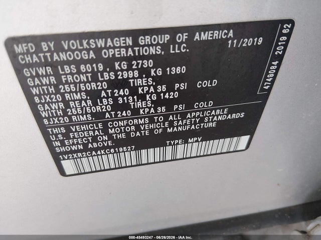Продаж на аукціоні авто 2019 Volkswagen Atlas 3.6l V6 Se W/technology R-line, vin: 1V2XR2CA4KC619527, номер лоту: 45493247