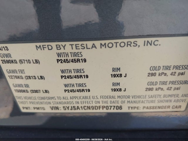 Продажа на аукционе авто 2013 Tesla Model S, vin: 5YJSA1CN9DFP07706, номер лота: 45493259
