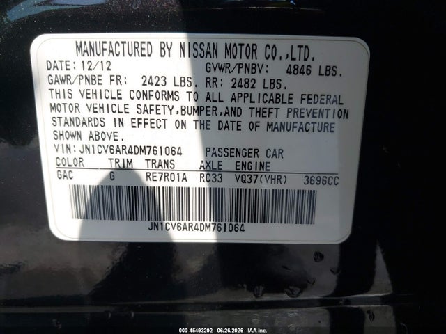 Aukcja sprzedaży 2013 Infiniti G37x, vin: JN1CV6AR4DM761064, numer aukcji: 45493292