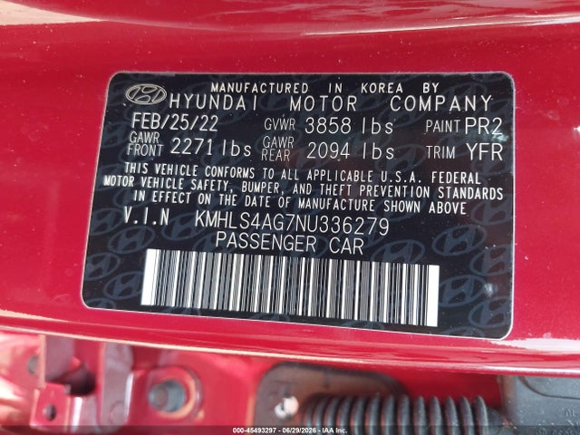 45493297 :رقم المزاد ، KMHLS4AG7NU336279 vin ، 2022 Hyundai Elantra Sel مزاد بيع