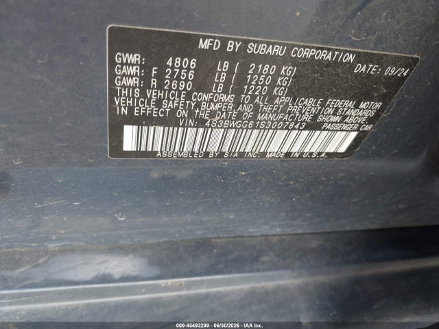 2025 Subaru Legacy Sport მანქანა იყიდება აუქციონზე, vin: 4S3BWGG61S3007843, აუქციონის ნომერი: 45493299