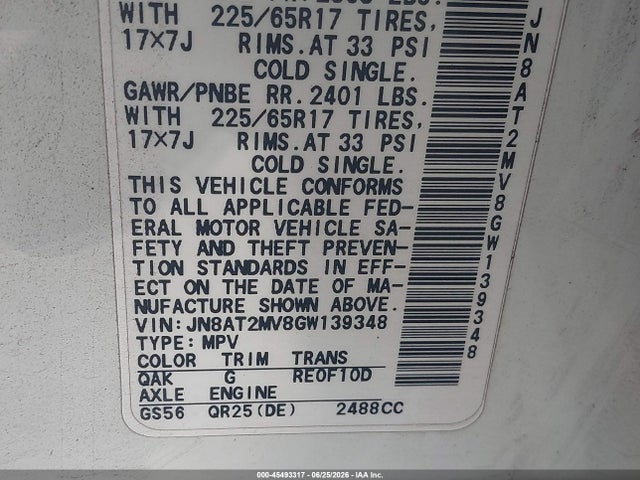 JN8AT2MV8GW139348 Nissan Rogue S/sl/sv