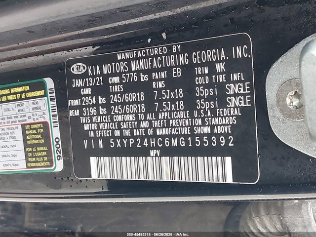 Aukcja sprzedaży 2021 Kia Telluride Lx, vin: 5XYP24HC6MG155392, numer aukcji: 45493318