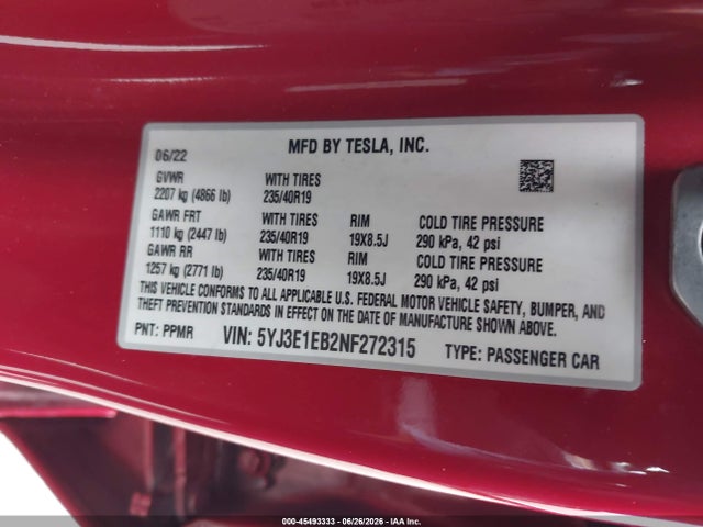 Продажа на аукционе авто 2022 Tesla Model 3 Long Range Dual Motor All-wheel Drive, vin: 5YJ3E1EB2NF272315, номер лота: 45493333