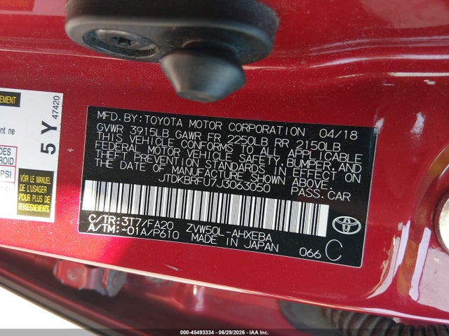 45493334 :رقم المزاد ، JTDKBRFU7J3063050 vin ، 2018 Toyota Prius Two مزاد بيع