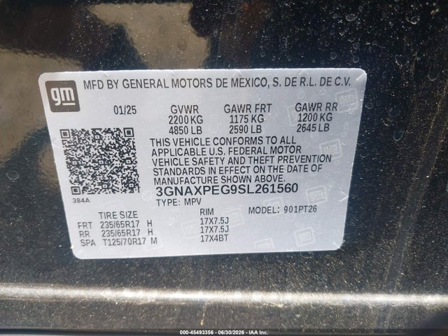 45493356 :رقم المزاد ، 3GNAXPEG9SL261560 vin ، 2025 Chevrolet Equinox Awd Lt مزاد بيع