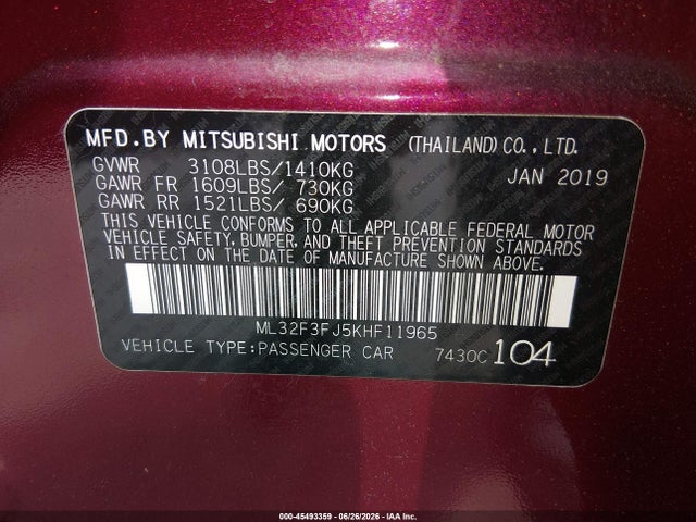 Aukcja sprzedaży 2019 Mitsubishi Mirage G4 Es, vin: ML32F3FJ5KHF11965, numer aukcji: 45493359