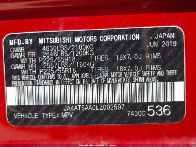 Aukcja sprzedaży 2020 Mitsubishi Eclipse Cross Sel 1.5t Awc, vin: JA4AT5AA0LZ002597, numer aukcji: 45493378