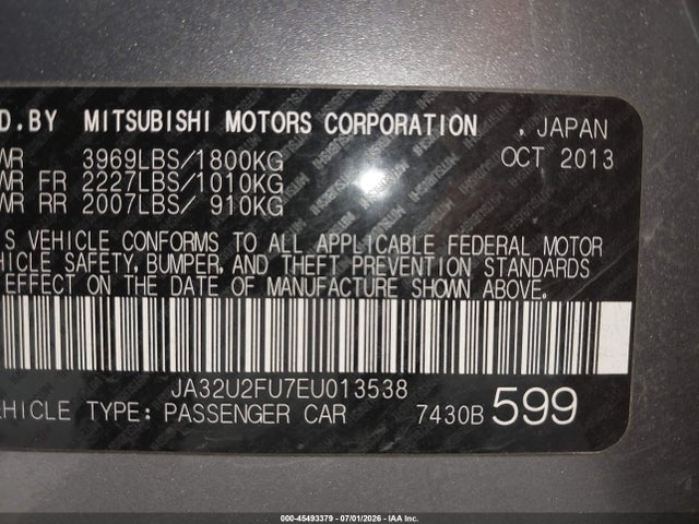 45493379 :رقم المزاد ، JA32U2FU7EU013538 vin ، 2014 Mitsubishi Lancer Es مزاد بيع