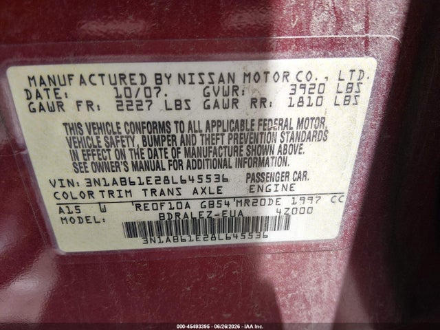 45493395 :رقم المزاد ، 3N1AB61E28L645536 vin ، 2008 Nissan Sentra 2.0 S مزاد بيع
