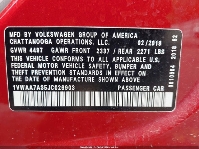 45493417 :رقم المزاد ، 1VWAA7A35JC026903 vin ، 2018 Volkswagen Passat 2.0t R-line/2.0t S مزاد بيع
