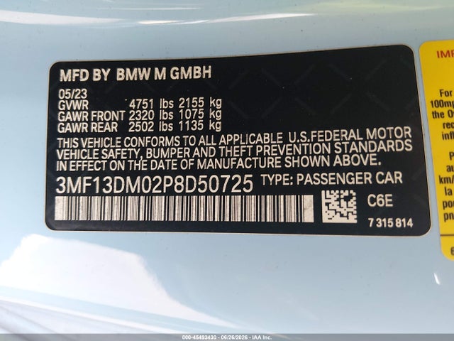 45493430 :رقم المزاد ، 3MF13DM02P8D50725 vin ، 2023 Bmw M2 مزاد بيع