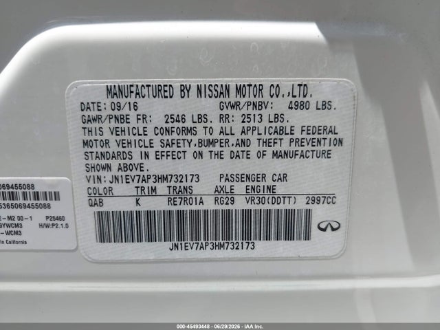 45493448 :رقم المزاد ، JN1EV7AP3HM732173 vin ، 2017 Infiniti Q50 3.0t Premium مزاد بيع